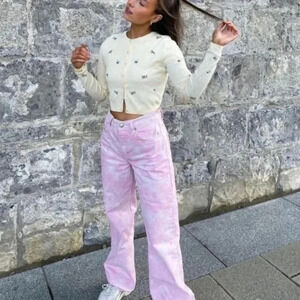 ZARA High Rise Baggy Pink Tie Dye Jeans